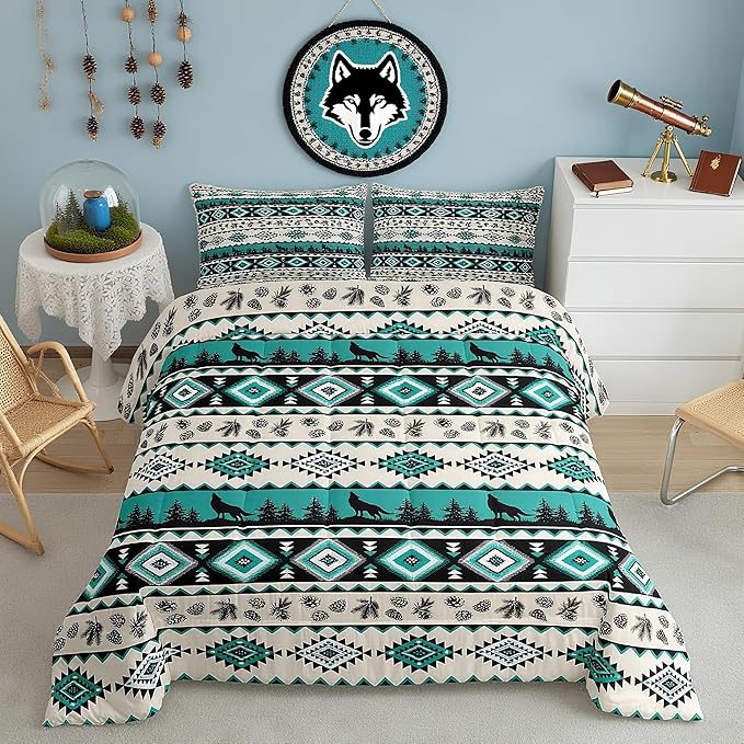 Aztec Geometric Kids Bedding Set King Size,Southwest Tribal Ethnic Comforter Set，Wolf Rustic Cabin Quilt Comforter,Beige Retro Bedroom Duvet Insert,2 Pillowcases