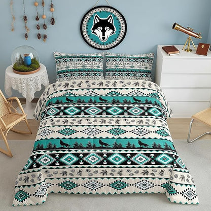 Aztec Geometric Kids Bedding Set King Size,Southwest Tribal Ethnic Comforter Set，Wolf Rustic Cabin Quilt Comforter,Beige Retro Bedroom Duvet Insert,2 Pillowcases