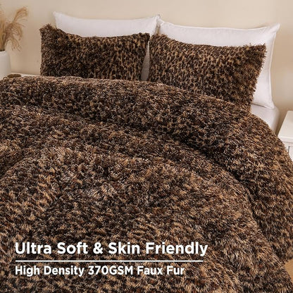 Leopard Print Fluffy Faux Fur Comforter Set Full Size, 3 Pieces Brown Cheetah Plush Shaggy Fuzzy Bedding Set, Ultra Soft Luxury Furry Boho Animal Print Winter Warm Comforter for Women Gilrs