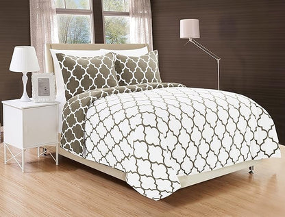 Elegant Comfort Goose Down Alternative Reversible 3-Piece Comforter Set - Breathable and Super Soft All Season Reversible Quatrefoil Pattern Comforter Set with 2 Shams, Full/Queen, Gray/White