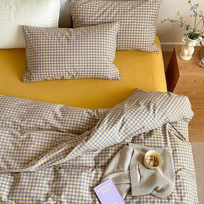 mixinni Yellow/Purple Gingham Comforter Set Full, Plaid Comforter Set 3 Pieces 1 Vintage Grid Comfoter with 2 Pillow Cases for All Seasons, Soft Fluffy Modern Grid Pattern Printed Bedding-Full Size