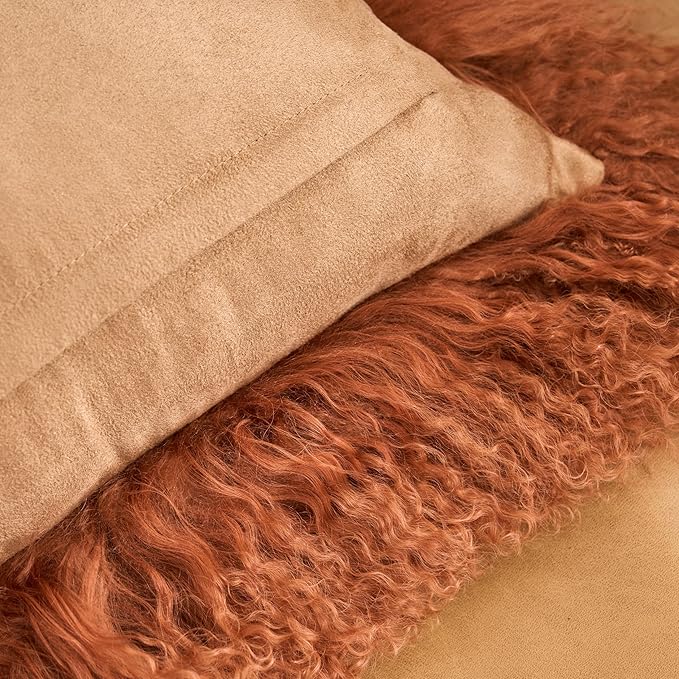 Genuine Mongolian Lamb Fur Pillow Cover – 12"x20" Rectangular Cushion Case – Soft Curly Wool Decorative Accent for Sofa, Bed, or Chair (Warm Terracotta)