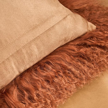 Genuine Mongolian Lamb Fur Pillow Cover – 12"x20" Rectangular Cushion Case – Soft Curly Wool Decorative Accent for Sofa, Bed, or Chair (Warm Terracotta)