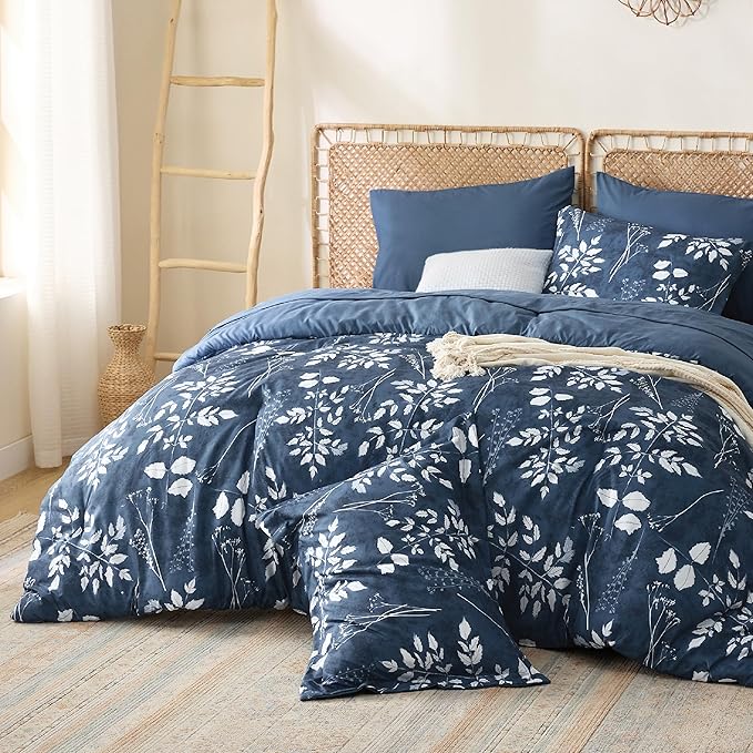Bedsure Full Size Comforter Set - 7 Pieces Floral Navy Soft Bedding Sets, Full Bed in a Bag with Botanical Flowers Comforter, Sheets, Pillowcases & Shams