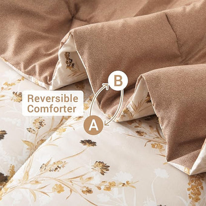 Floral Queen Comforter Set with Sheets, 7 Piece Luxury Vintage Bedding, Soft Microfiber Bed in a Bag, Cozy Lightweight Bed Set, Beige Flower Botanical