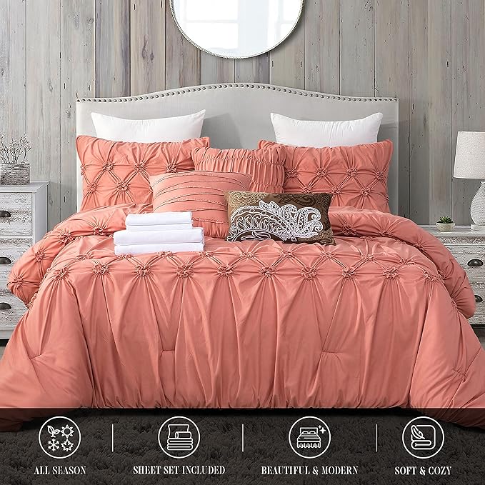 Elegant Comfort 12-Piece Bed-in-a-Bag, Ella Pleated Ruched Pintuck Comforter Set, 6-Piece Sheet Set Featuring Smart Pockets, Matching Decorative Pillows, All Season Bedding,California King, Dusty Rose