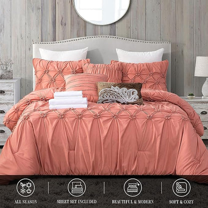 Elegant Comfort 12-Piece Bed-in-a-Bag, Ella Pleated Ruched Pintuck Comforter Set, 6-Piece Sheet Set Featuring Smart Pockets, Matching Decorative Pillows, All Season Bedding,California King, Dusty Rose