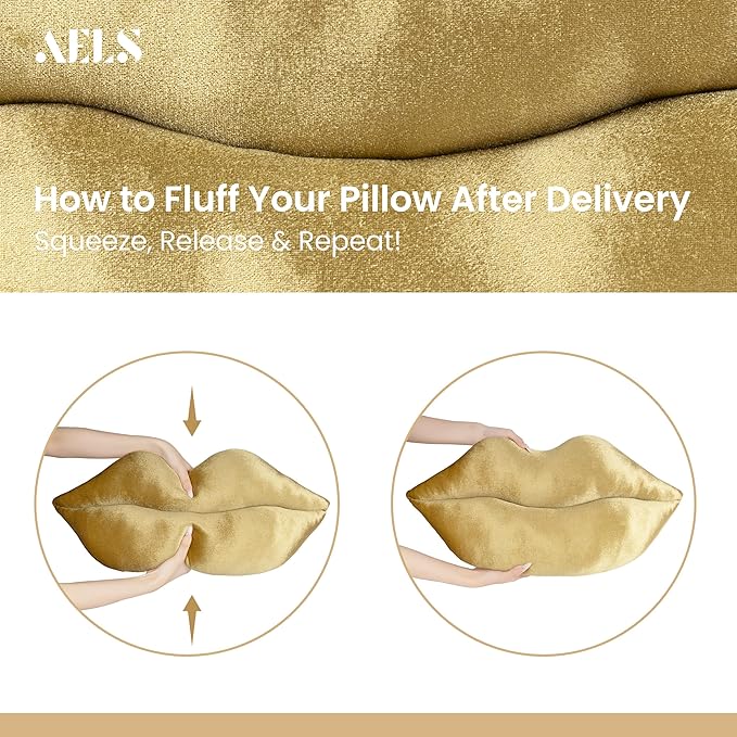 AELS 3D Large Lips Throw Pillows, Set of 2, Soft Decorative Love Pillows, Velvet Cute Pillow for Couch, Sofa, Bed, Living Room, Bedroom, Bronze Gold