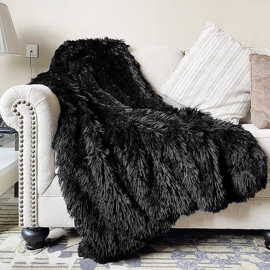 JONIYEAR Oversized Decorative Fluffy Faux Fur Throw Blanket Twin Size 60" x 71",Soft Large Luxury Lightweight Furry Blanket,Accent Cozy Shaggy Plush Thick Warm Fuzzy Blankets for Winter Bed Sofa,Black
