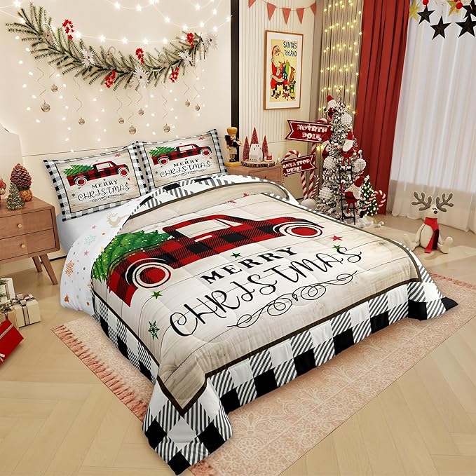 Geometric Christmas Plaid Comforter Set Full Size,Black White Truck Bedding 3pcs for Kids Boys Adult Room Decor,Brown Rustic Farmhouse Quilted Duvet Happy New Year Bedspread,2 Pillowcases