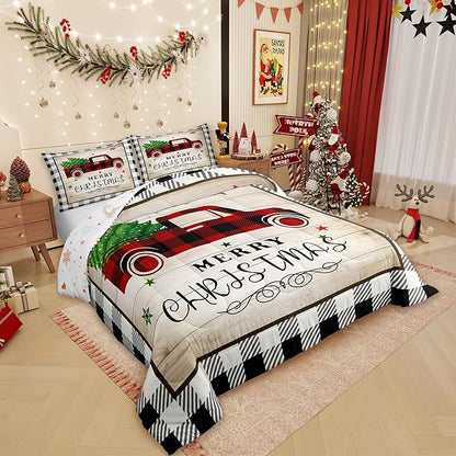 Xmas Truck Comforter Set Queen Size,Black White Geometric Grid Bedding 3pcs for Kids Teens Adults Room Decor,Brown Rustic Farmhouse Quilt Happy New Year Duvet Insert,2 Pillowcases