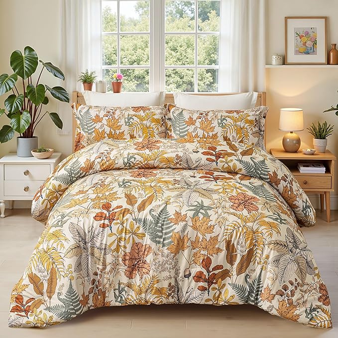 Queen Comforter Set - 3 Pieces Botanical Bedding Comforter Set, 1 Soft Orange Fall Plant Flowers Comforter (90"x90") and 2 Pillow Shams(20"x26") Ultra-Soft Comfort Suitable for All Seasons