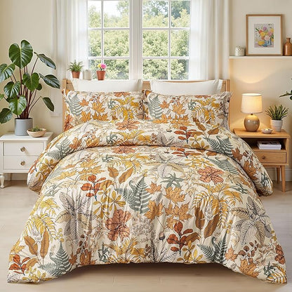 Queen Comforter Set - 3 Pieces Botanical Bedding Comforter Set, 1 Soft Orange Fall Plant Flowers Comforter (90"x90") and 2 Pillow Shams(20"x26") Ultra-Soft Comfort Suitable for All Seasons