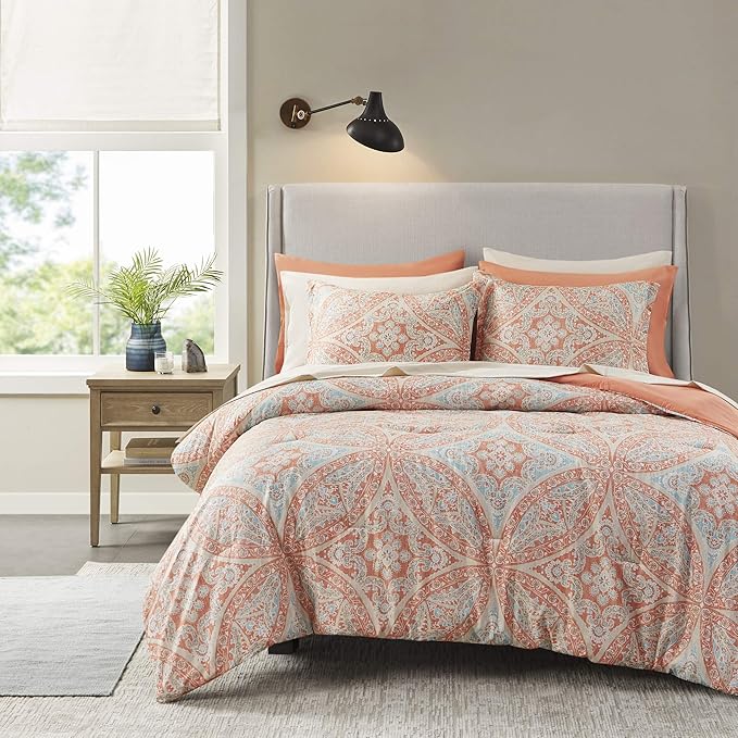 Comfort Spaces Bed in A Bag - Trendy Casual Design Cozy Comforter with Complete Sheet Set with Side Pocket, All Season Cover, Matching Shams, Queen(90"x90"), Gloria, Damask Coral 9 Piece