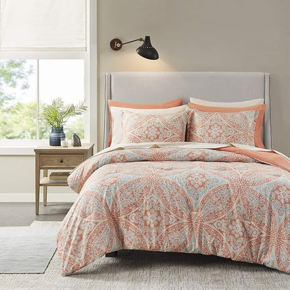 Comfort Spaces Bed in A Bag - Trendy Casual Design Cozy Comforter with Complete Sheet Set with Side Pocket, All Season Cover, Matching Shams, King(104"x90"), Gloria, Damask Coral 9 Piece