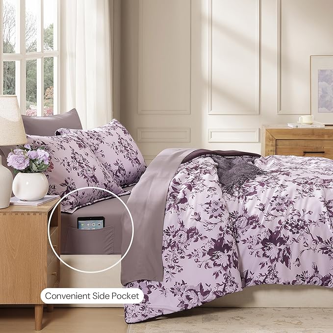 Full Comforter Set -7 Pieces Deep Purple Floral Comforter Set for All Seasons, Bed in a Bag Full with Botanical Flowers Comforter, Sheets, Pillowcases & Shams