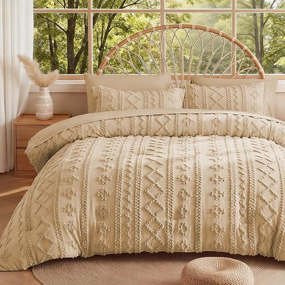 MR&HM Boho Comforter Set Full, Khaki 7 Pieces Bedding Set, Farmhouse Shabby Chic Bed in a Bag with 1 Comforter, 2 Pillow Shams, 2 Pillowcases, 1 Flat Sheet, 1 Fitted Sheet for All Seasons