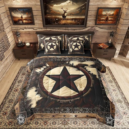 Erosebridal 7 Pcs Rustic Cow Comforter Set Queen Size,Western Texas Star Bed in a Bag with Flat Fitted Sheet for Cowboy Cowgirl,Cowhide Cow Print Bedding Set with Pillowcases and Cushion Cases