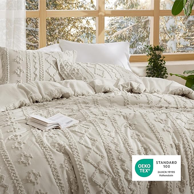 Bedsure Tufted Boho Comforter Set King Size - Linen Boho Bed Set, GentleSoft™ 3 Pieces Farmhouse Shabby Chic Embroidery Bedding, Gifts for Woman, Soft Jacquard King Comforter for All Seasons
