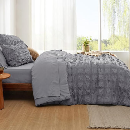 Bedsure Bed in a Bag Queen - 7 Pieces Plaid Seersucker Bedding Comforter Sets, Soft Lightweight Grey Boho Bed Set with Comforters Queen Size, Sheets, Pillowcases & Shams