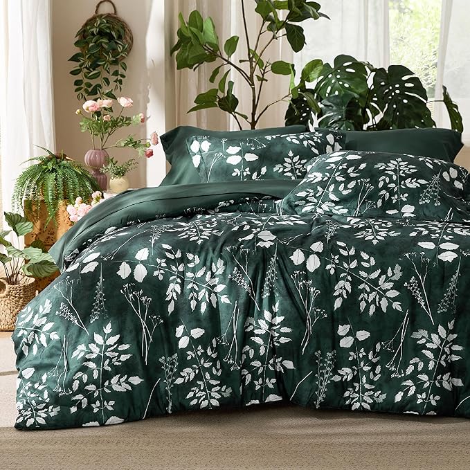 Bedsure Full Size Comforter Set - 7 Pieces Floral Forest Green Soft Bedding Sets, Full Bed in a Bag with Botanical Flowers Comforter, Sheets, Pillowcases & Shams