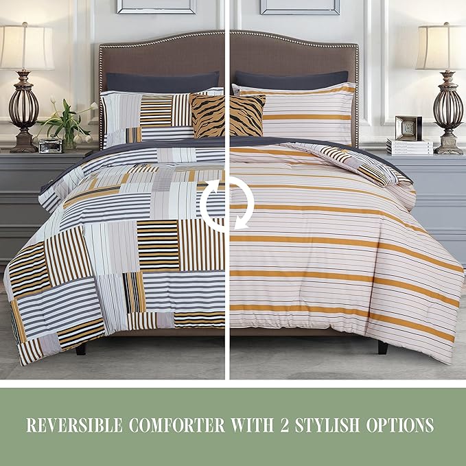Elegant Comfort 8-Piece Animal Print Patch Reversible Comforter Set All Season Bed in a Bag, 4-Piece Sheet Set Featuring Smart Pockets, Matching Shams and Decorative Pillow, King/California King, Gold