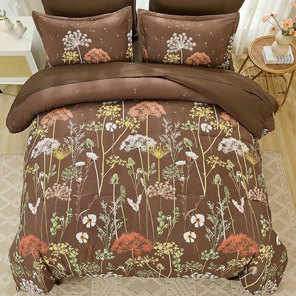 Yiran Brown Comforter Set King Size, 7 Piece Floral Dandelion Comforter Bedding Set, Botanical Bed in a Bag King, Soft Microfiber Complete Bedding Set with Sheets for All Season