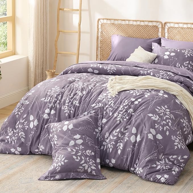 Bedsure Grayish Purple King Comforter Set - 7 Pieces Floral Bedding Sets King Bed in a Bag with Reversible Botanical Flowers Comforter, Sheets, Pillowcases & Shams