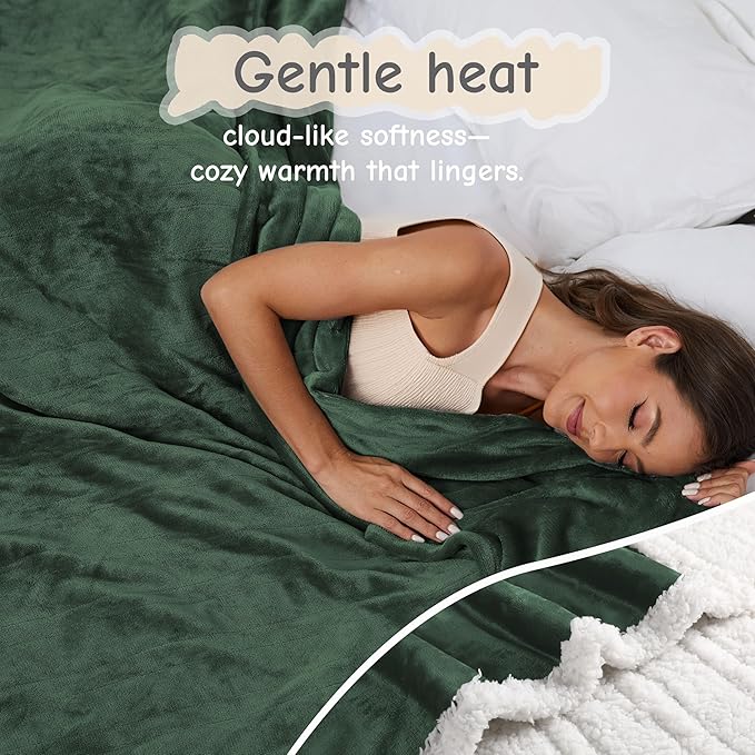 Electric Heated Blanket Throw Size 50"x60", Soft Flannel with Overheat Protection, 9 Adjustable Heat Settings & 10-Hour Auto-Off Timer, Fast Heating for Winter Comfort, Dark Green