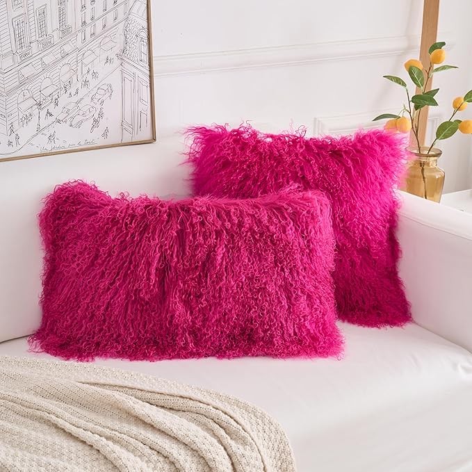 Genuine Mongolian Lamb Fur Pillow Cover – 12"x20" Rectangular Cushion Case – Soft Curly Wool Decorative Accent for Sofa, Bed, or Chair (Hot Pink)