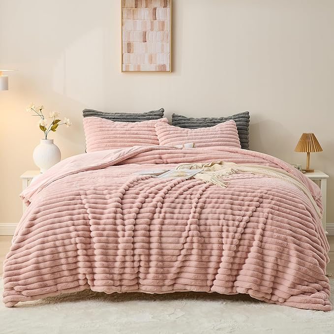 Simple&Opulence Fluffy Faux Fur Comforter Set, Plush Fuzzy Minky Bedding Set, 3 Pieces Warm Soft Comforter Bedding Set for Winter - 1 Shaggy Comforter with 2 Pillow Shams(Queen, Striped - Pink)