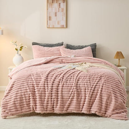 Simple&Opulence Fluffy Faux Fur Comforter Set, Plush Fuzzy Minky Bedding Set, 3 Pieces Warm Soft Comforter Bedding Set for Winter - 1 Shaggy Comforter with 2 Pillow Shams(Queen, Striped - Pink)