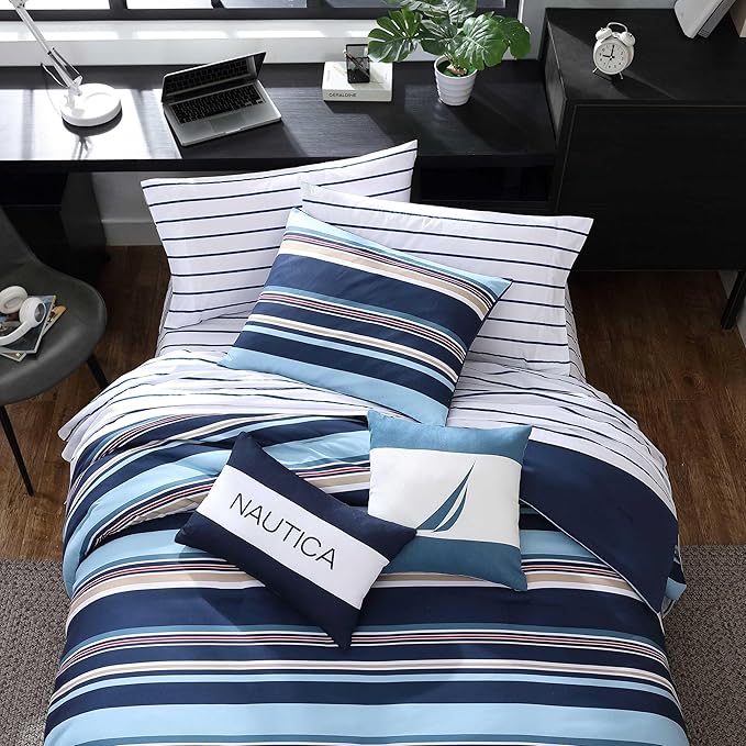 Nautica - King Comforter Set, Ultra Soft Bedding with a Woven Textured Feel, Medium Weight for Year Round Comfort, 5 Piece Bed Set with Matching Pillowcases & Bonus Throw Pillows (Colton Blue)