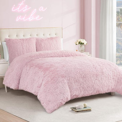 Juicy Couture Shaggy Faux Fur Pink Full/Queen Comforter Set - Soft and Cozy 3-Piece Machine Washable Bedding Comforter and Sham Set