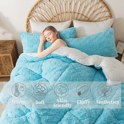 ELNIDO QUEEN® Fluffy Comforter Set King, Light Blue Winter Fleece Comforter Ultra Soft & Extra Pluffy Plush Comforter Set, Cozy Fuzzy Bed Comforter 3 Pieces (1Comforter, 2 Pillowcases),102x90 inch