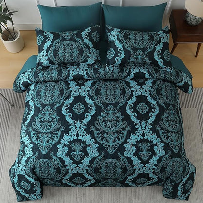 WONGS BEDDING 7 Piece Queen Comforter Set, Teal Texture Breathable Microfiber Comforter Bedding Set for All Season, Damask Bed in a Bag with Comforter, Flat Sheet, Fitted Sheet, Pillowcases & Shams
