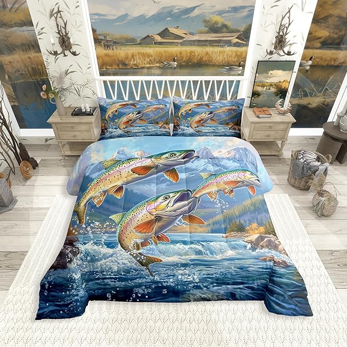 Erosebridal Fishing Theme King Bedding Set,Big Pike Bass Fish Comforter Set for Kids Boys Men,Rustic Mountain Comforter,Lake House Country Bedroom Room Decor,2 Pillowcases Lightweight