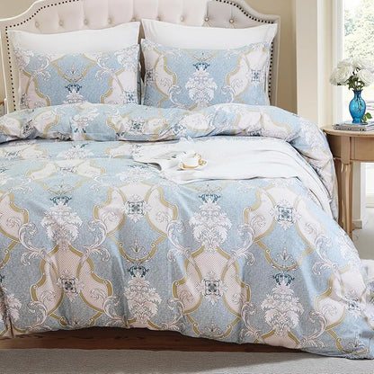 100% Natural Cotton Comforter Set King 3 Pcs Grayish Blue Bedding Sets with Luxurious Damask Pattern, Reversible Breathable Soft Comforter Sets for All Season