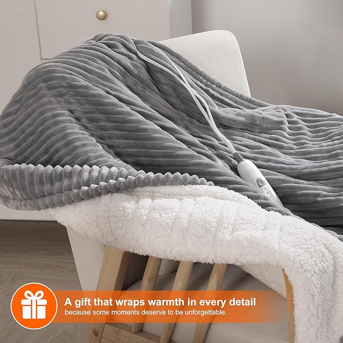 Electric Throw Heated Throw 50''x60'', Striped Flannel & Thicker Sherpa, 5 Heat Settings & 4 Hour Auto Off with FCC/ETL Certified, Overheat Protection & Machine Washable, Great Gift, Light Grey