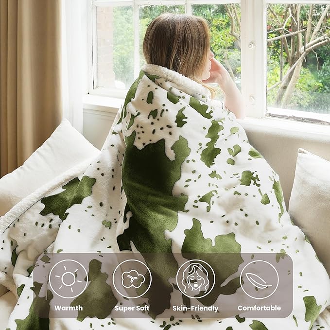 Cow Print Heated Throw Blanket Electric Blanket-Heating Blanket Throw with 10 Heat Levels & 10 Hours Auto-Off, Cozy Soft Fleece Sherpa, Washable, 50 x 60 Inches Cow Print Sage