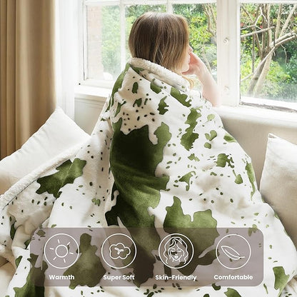Cow Print Heated Throw Blanket Electric Blanket-Heating Blanket Throw with 10 Heat Levels & 10 Hours Auto-Off, Cozy Soft Fleece Sherpa, Washable, 50 x 60 Inches Cow Print Sage