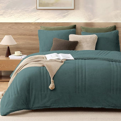 Monbix Fluffy King Size Comforter Set – 3 Piece Cozy Sherpa Comforter King Size Teal, Winter Warm Fleece Bedding Set, Luxury Coco Plush Winter Fuzzy Bed Set, 1 Comforter with 2 Pillowcases
