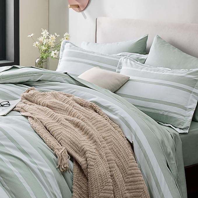 Bedsure Twin Comforter Set 5 Pieces, Sage Green Striped Bedding Set for All Seasons, Reversible, Cationic Dyeing Bed in a Bag with Comforter, Sheets, Pillowcase & Sham