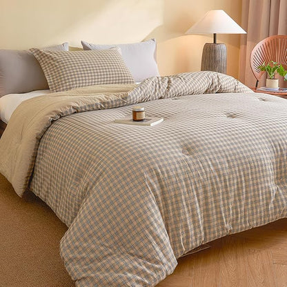 100% Cotton Comforter Set Queen Size – Reversible Yarn-Dyed Checkered Design, Soft Washed Cotton on Both Sides, Lightweight All-Season Bedding, Machine Washable(Beige Plaid, 90”x90”)