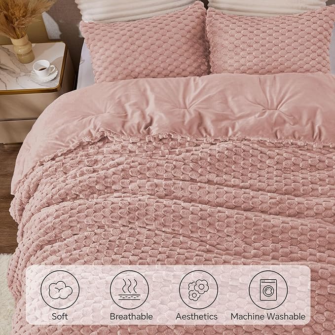 BEDELITE Fluffy Queen Comforter Set - Dusty Pink Fleece Soft Comforter for Queen Size Bed, Luxury Warm Bedding Set for Winter, Fuzzy Bed Set 3 Pieces (1 Comforter, 2 Pillowcases)