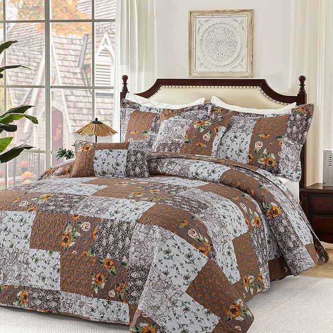 BEDIFANY Cotton Filling King Quilt Set - Reversible Farmhouse Bedspreads King Size with 2 Pillow Shams - Lightweight King Size Quilt Bedding Sets, 3 Pieces (98 x 106 inch)