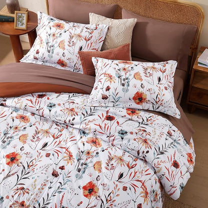 CASAAGUSTO Queen Comforter Set, 7 PCS White Floral Comforter Set with Terracotta Flowers Leaves Pattern, Soft Seersucker Design All Season Queen Bedding Set(90"X90")