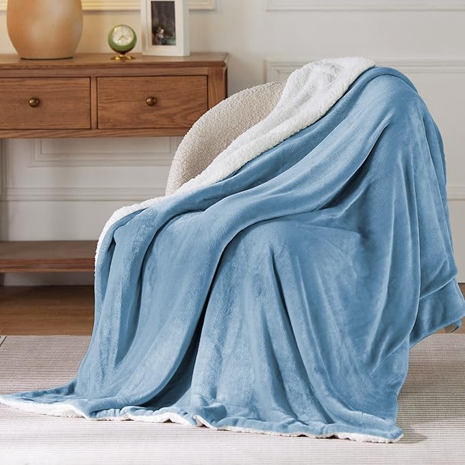 Bedsure GentleSoft Sherpa Fleece Throw Blanket Twin Size for Couch - Thick and Warm Throw for Women and Men, Soft Fuzzy Plush Twin Blanket for Winter, Non-Heated, Washed Blue, 60x80 Inches