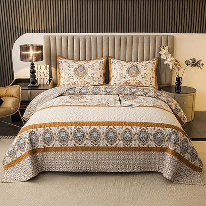 Bohemian Twin Size Comforter Quilt Sets -2 Pieces Red Quilts 100% Cotton(1Quilt,1 Pillow Shams) with Reversible Bedspreads Bohemian Patchwork Bedding Set Sleep Companion(Yellow)