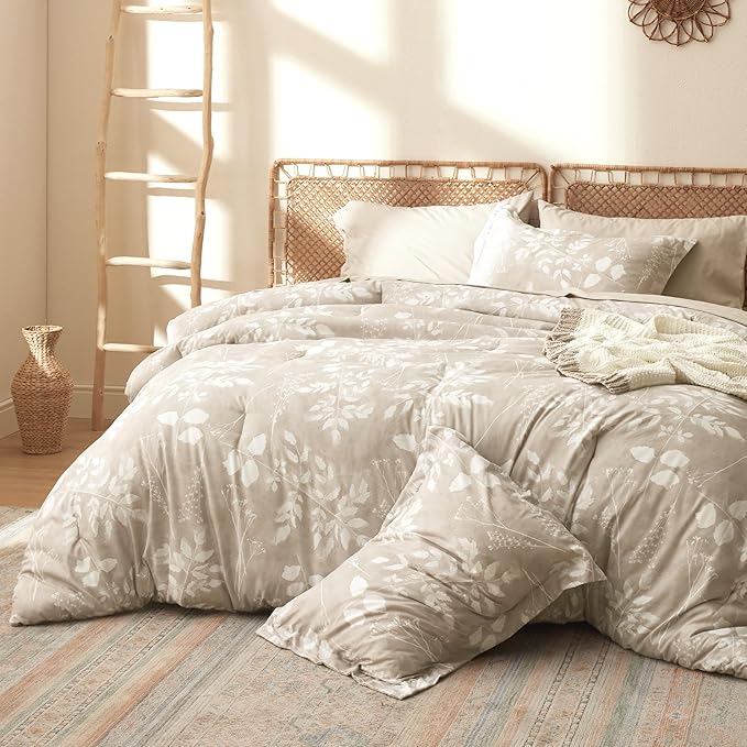 Bedsure King Size Comforter Set - 7 Pieces Floral Beige Soft Bedding Sets, King Bed in a Bag with Botanical Flowers Comforter, Sheets, Pillowcases & Shams
